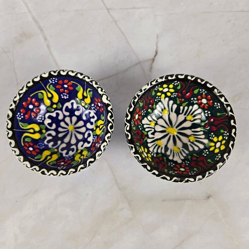 Set of 2 Small Turkish Bowls Handmade Ceramic Painted and Glazed Blue Red White